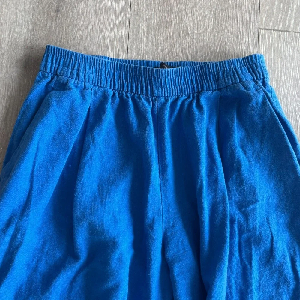 Zara Womens Royal Blue Comfort Elastic Waist Linen Blend Wide Leg Pants Size XS